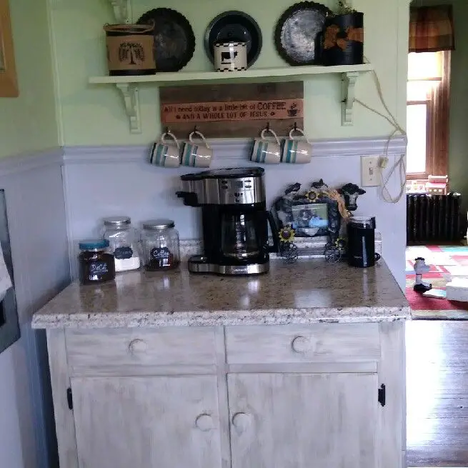 Corner coffee bar ideas - Super cute corner coffee bar in this small area of a kitchen.  LOVE it!