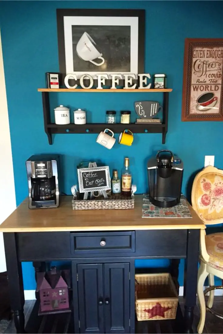 Love the blue wall behind this corner kitchen coffee nook!