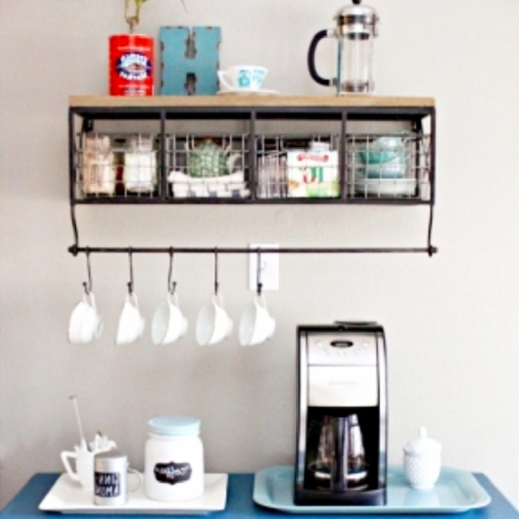 Home Coffee Bars and Coffee Stations Ideas • Coffee Bar Mug Rack • Coffee Bar Shelf With Hooks • Coffee Bar Ideas • Home Coffee Station Ideas • Coffee Station Kitchen DIY Ideas • Kitchen Coffee Bars • Coffee Corner - Coffee Nook Ideas • Home Coffee Bar Wall Shelf and Accessories