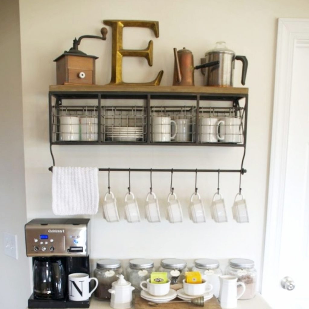 Home Coffee Bars and Coffee Stations Ideas • Coffee Bar Mug Rack • Coffee Bar Shelf With Hooks • Coffee Bar Ideas • Home Coffee Station Ideas • Coffee Station Kitchen DIY Ideas • Kitchen Coffee Bars • Coffee Corner - Coffee Nook Ideas • Home Coffee Bar Wall Shelf and Accessories