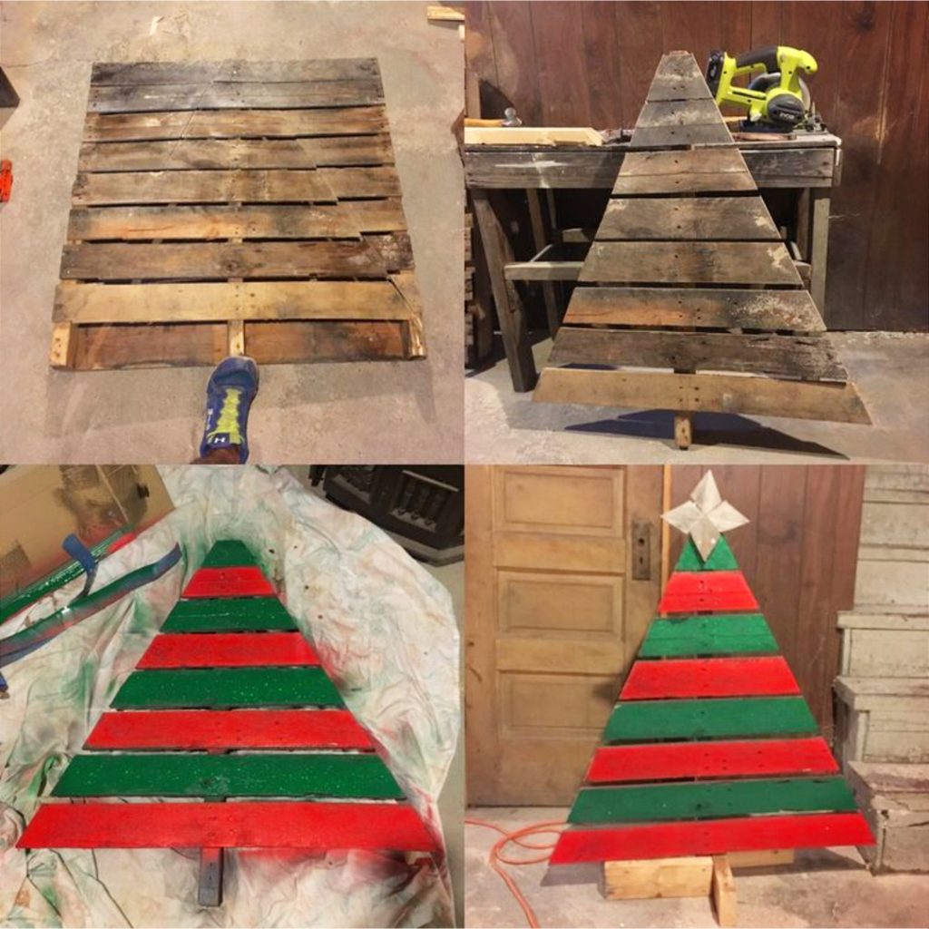 DIY Pallet Christmas Tree Ideas - We Tried It!  Make a Christmas tree from old pallets (tutorial video too)... painted ideas, with lights, decorated, indoors and outdoors ideas for front porches at Xmas.