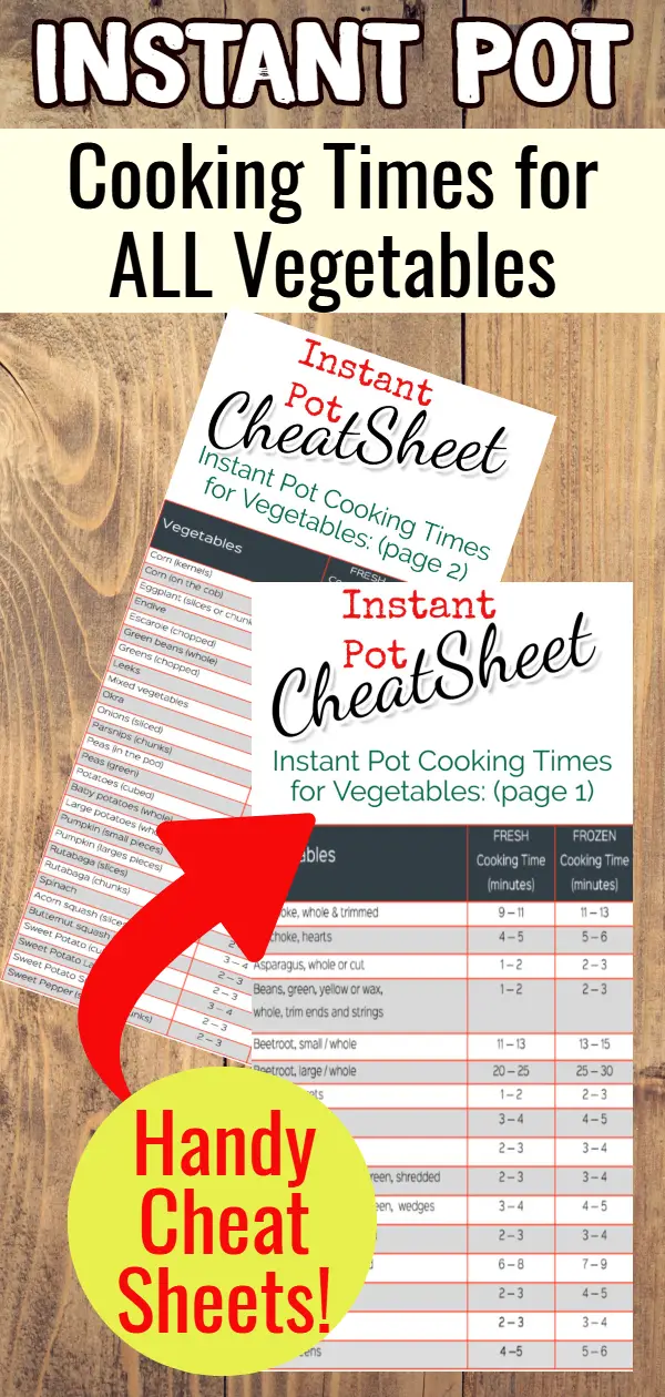 Instant Pot Vegetables Recipes and cooking times - Instant Pot Cooking Times for ALL Instant Pot Vegetable Recipes (and YES you CAN cook frozen vegetables in an Instant Pot!) Instant Pot Green Beans (with bacon!), Instant Pot mashed potatoes and more time to cook in these Instant Pot cooking times cheat sheet
