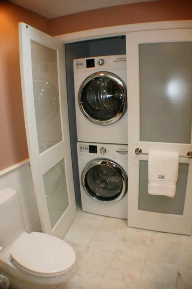 Laundry In Bathroom with stacked washer dryer - Laundry Nook Ideas - DIY Laundry Bathroom Combo - Hidden Laundry Rooms - Laundry Nook In Bathroom