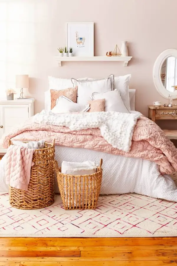 My dream blush pink bedroom!  Blush pink and white bedroom decor ideas and bedding