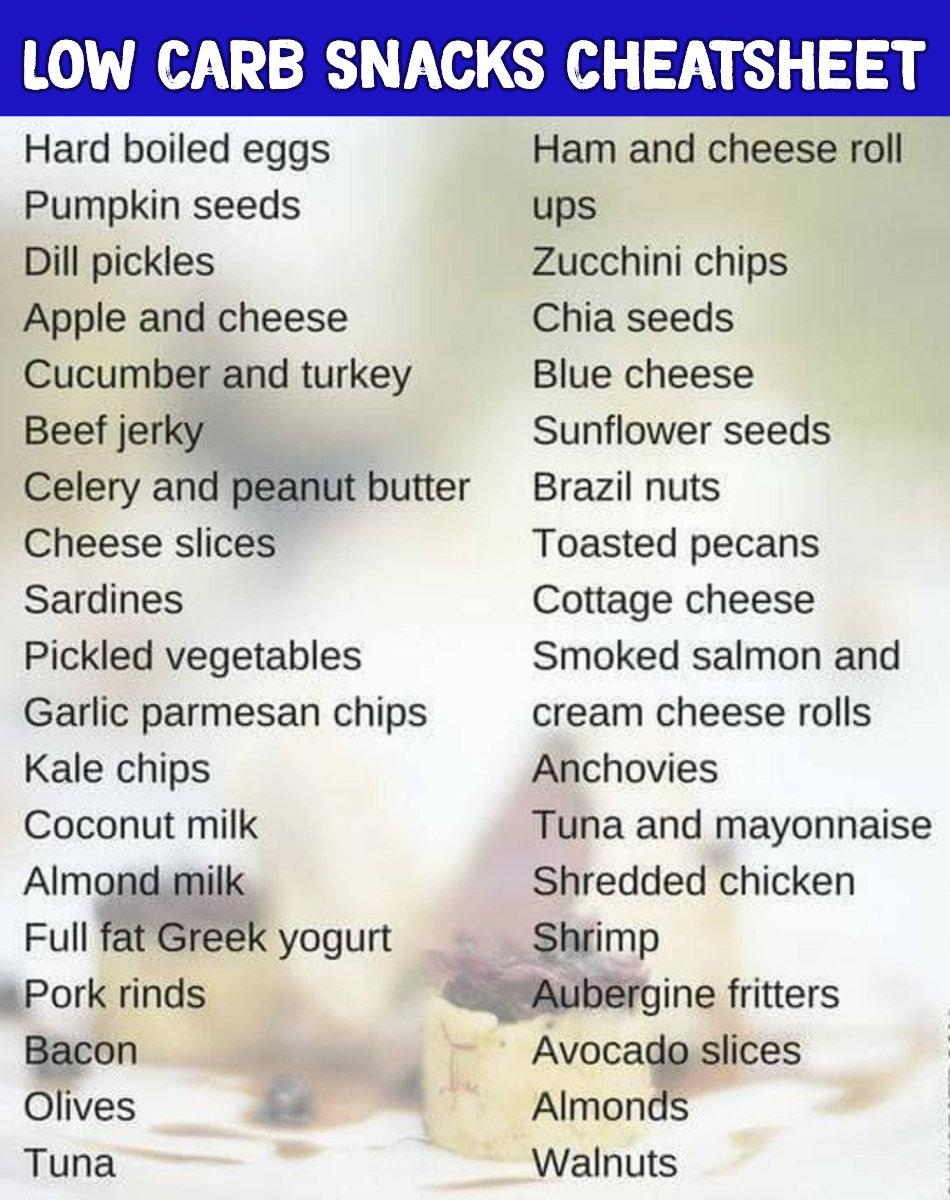 Low Carb Snacks Cheatsheet - list of healthy snacks you can eat when going low carb or dieting #healthysnacks #lowcarbsnacks #lifehacks #healthyeating
