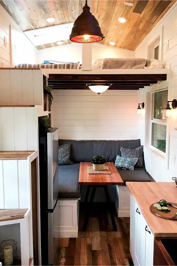 Tiny house ideas and floor plans - tiny house kitchen ideas with loft bedroom above - Inside tiny houses images - see tiny house interiors and exteriors, floor plans and more - pictures of tiny houses inside and out
