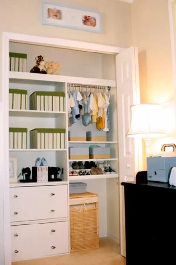 Nursery Closet Organization - Small closet with drawers, shelves and baskets.