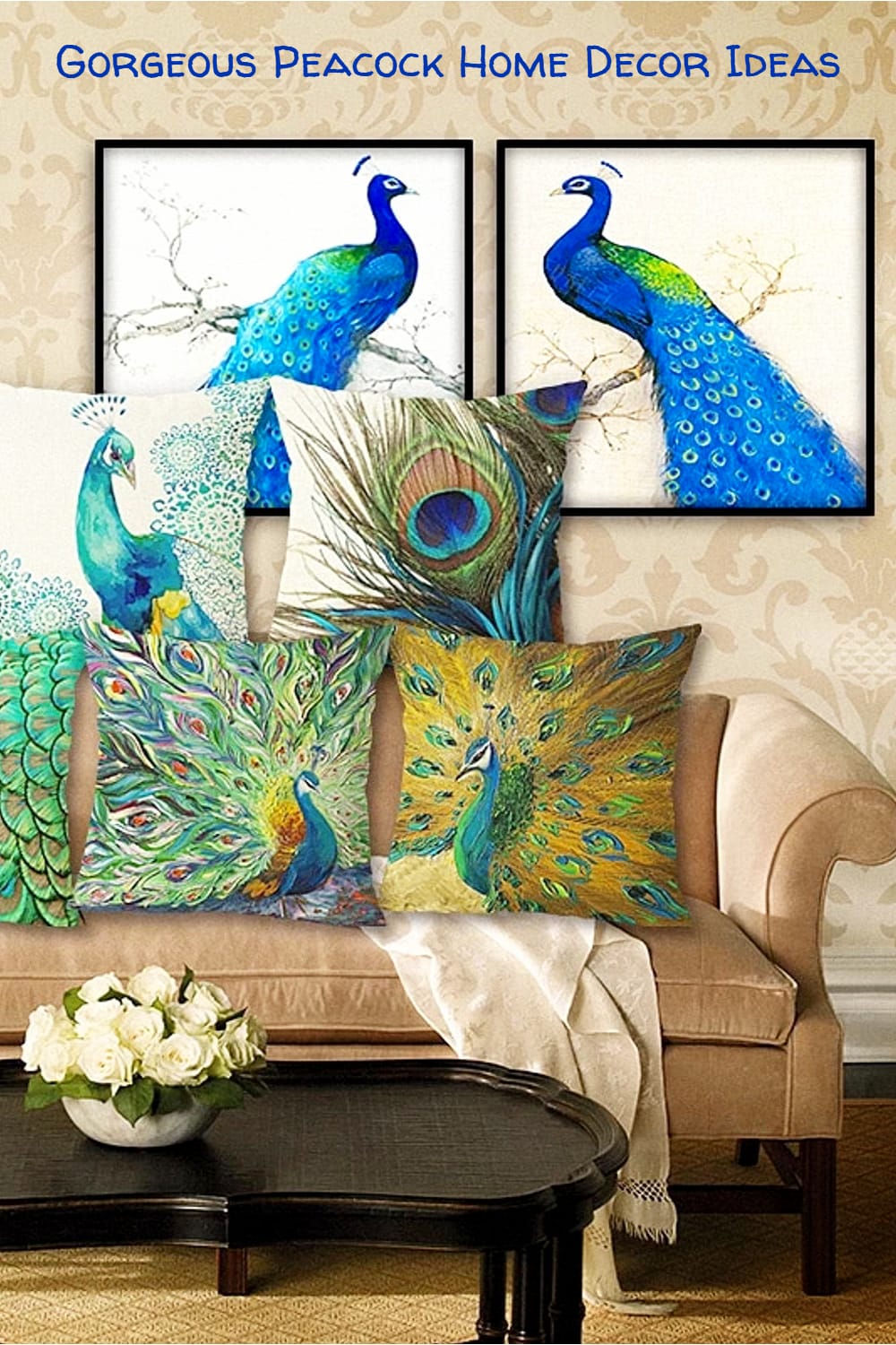 Peacock Decor ideas with Peacock throw pillows, teal blue, turquoise & purple colored pillows, embroidered peacock pillows and more decorative peacock pillows with a peacock design - velvet, silk and feather peacock pillows and pillow covers too that you can find at Target, Pier One, Amazon, Walmart etc to go with peacock rugs and your peacock decorations at home. Fun peacock blue home accessories!