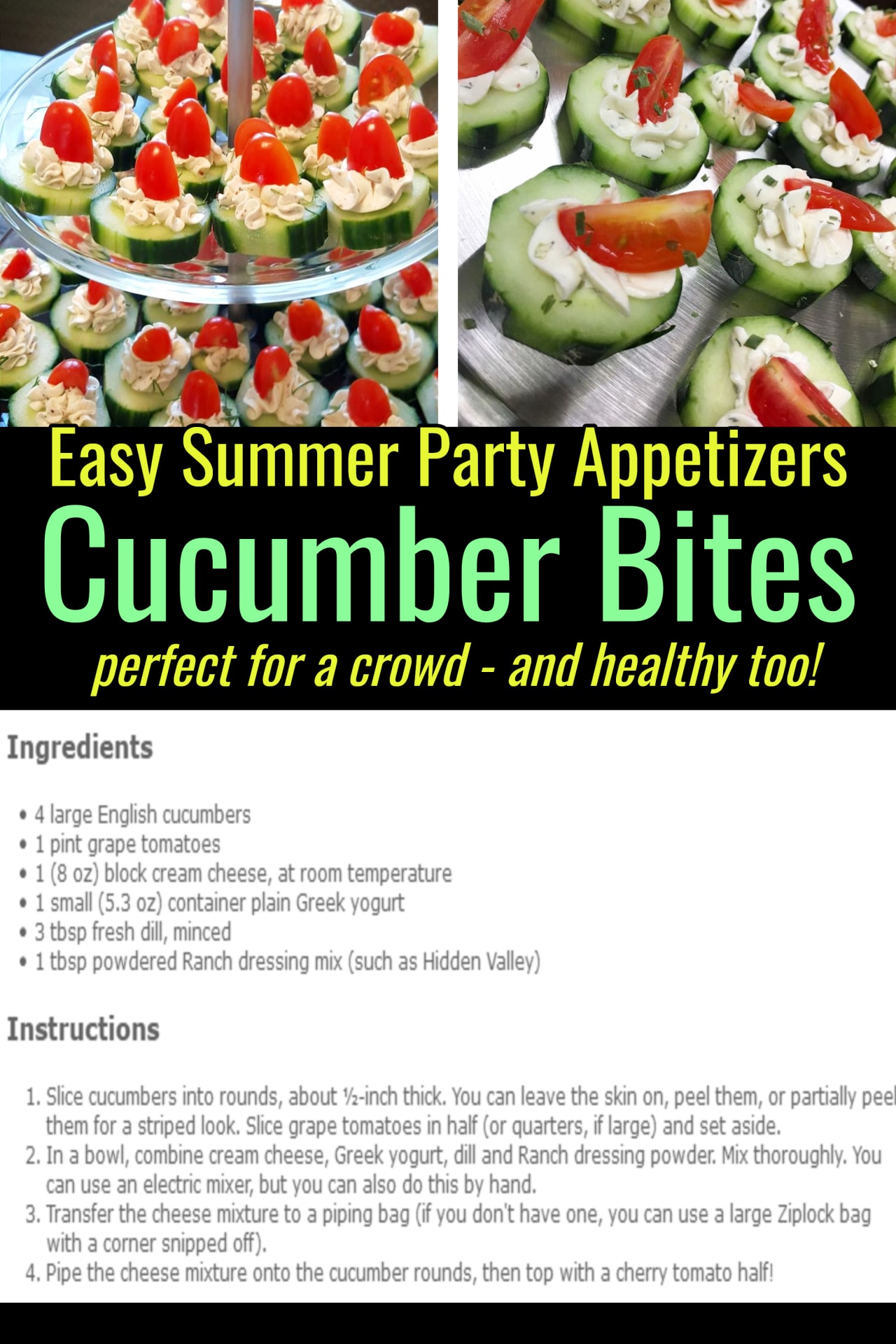 Easy summer party appetizer ideas - simple summer BBQ cookout, neighborhood block party, Holiday party, shower appetizers and finger-food ideas. Crowd pleasers! easy cucumber bites party appetizer or finger-food for a crowd - healthy appetizers too!