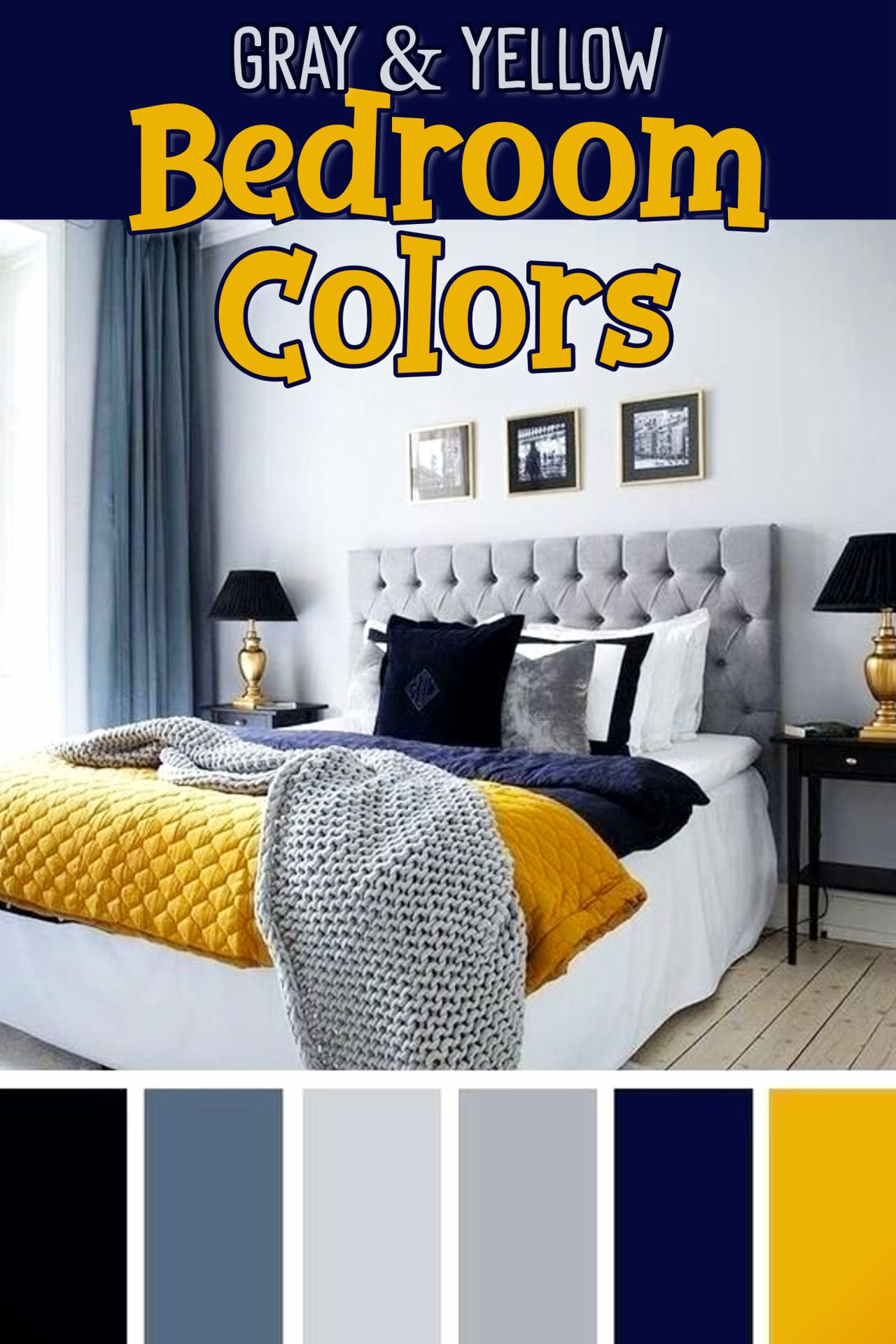 Bedroom accent colors for a gray and yellow bedroom - gray, yellow, blue and navy blue bedroom decorating ideas- beautiful master suite bedroom colors, dorm room colors or a teen bedroom color scheme.  Really brightens up a small apartment bedroom too!
