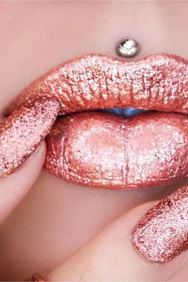 Glitter Pinky Rose Lipstick and Nail Polish Idea
