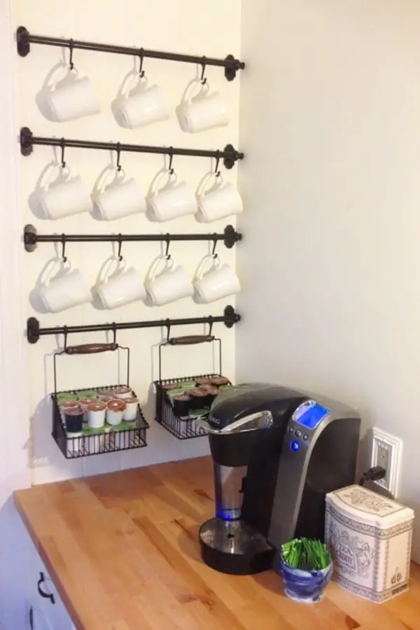 Rustic Coffee Bar Ideas with Industrial Pipe Coffee Mug Racks - Easy DIY Rustic Home Decor Ideas on a Budget