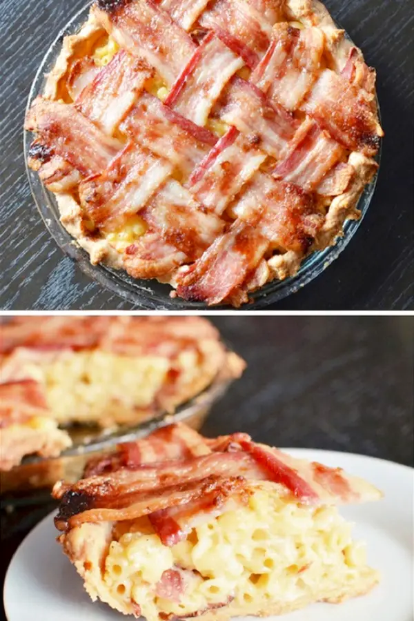 BBQ food ideas - this easy macaroni and cheese pie is topped with BACON - great summer cookout side dish idea