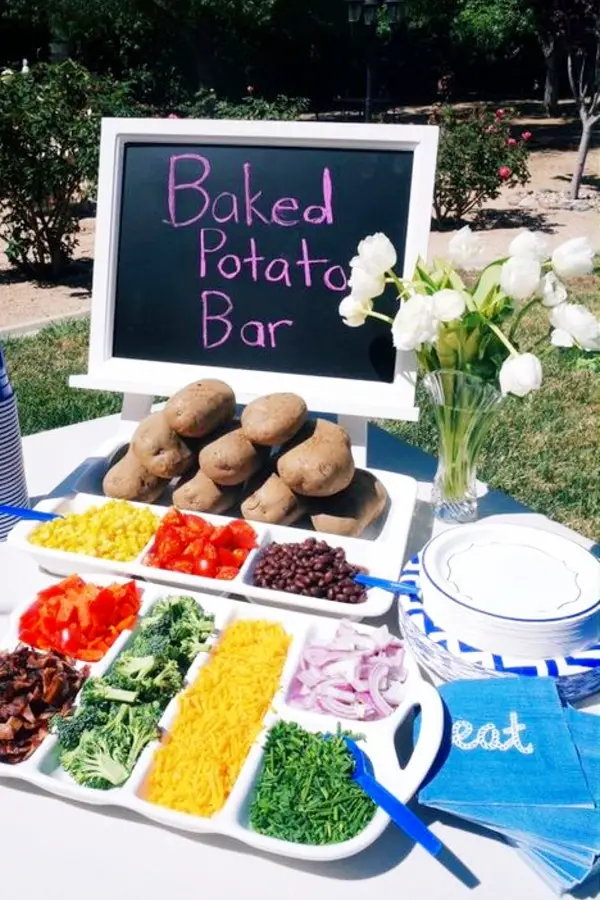 Summer cookout food ideas or for any party with a crowd.  Love this potato bar idea for a BBQ party or ANY party