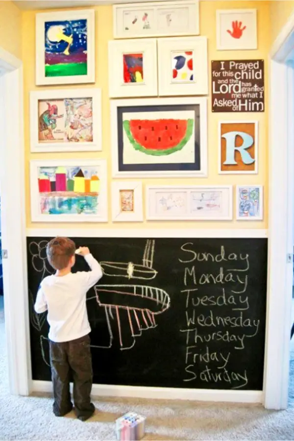 Kids artwork display ideas - kids art display wall with chalkboard