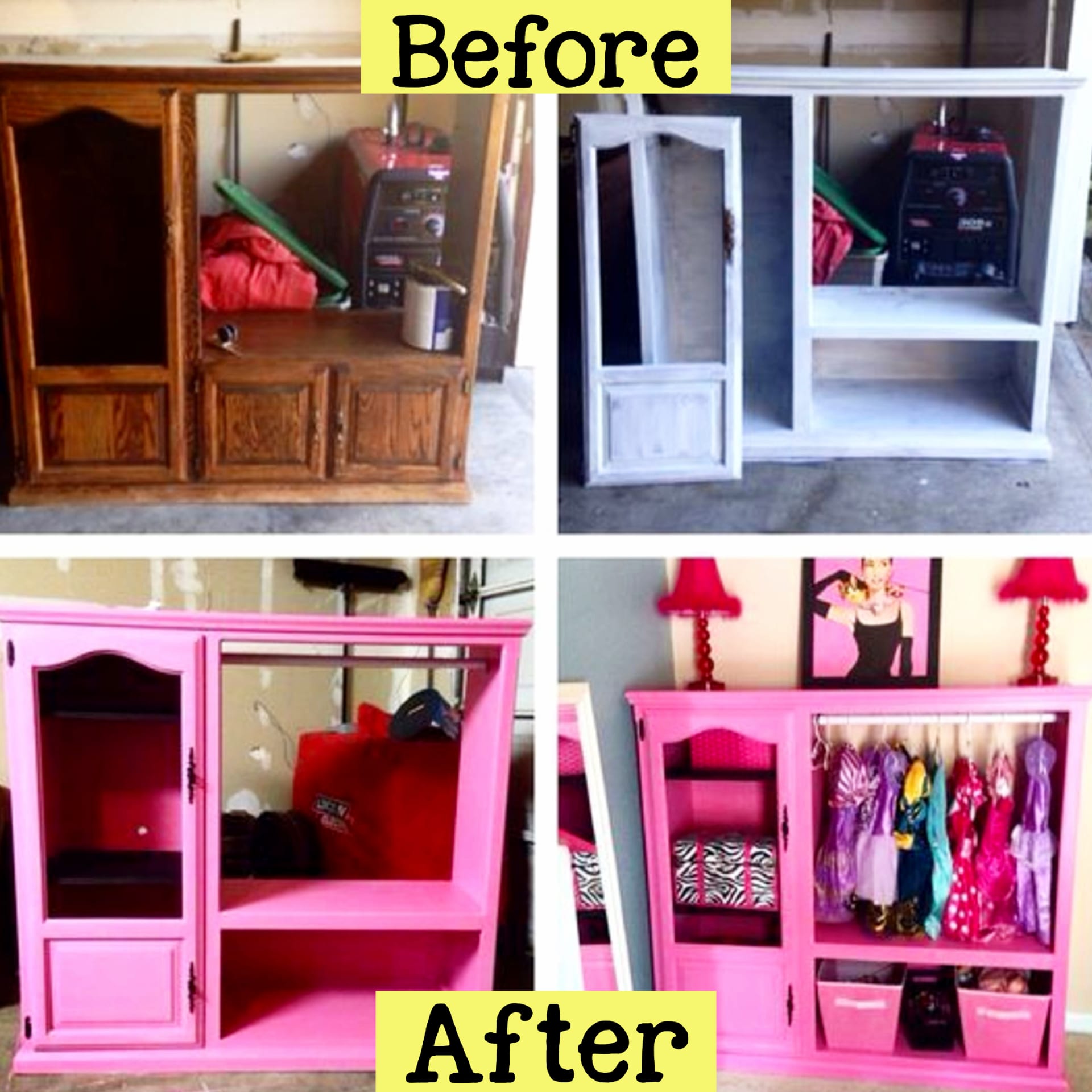 repurposed furniture ideas - turn an old entertainment center into a storage wardrobe dresser for a little girl's bedroom - repurposed dressers and old furniture ideas