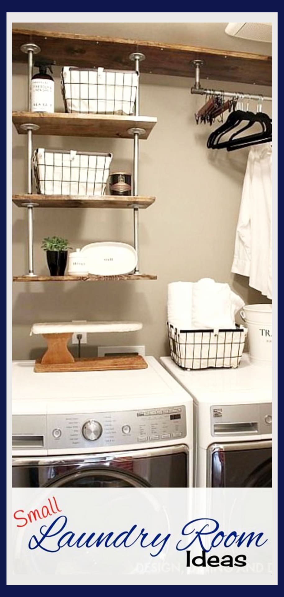 Tiny laundry room space-saving idea – hanging pipe shelves to get lots more space in this small laundry room.