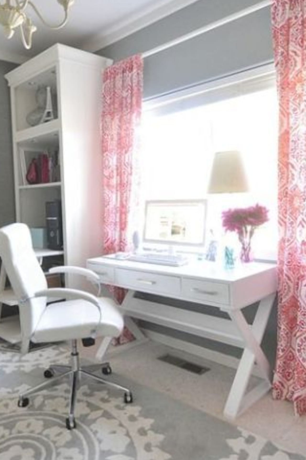 Pretty and classy home office ideas for women - love the pink accents and color combos in this work from office!