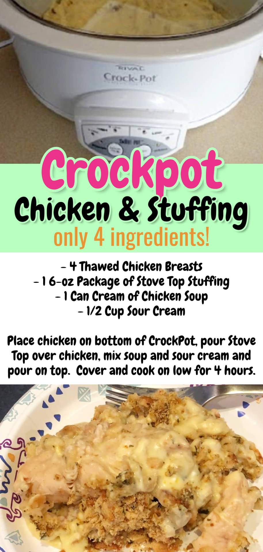 Easy Crockpot Chicken Recipes - crock-pot slow cooker chicken and stuffing - only 4 ingredients!  Easy dinner recipes with few ingredients - easy crockpot meals for 2 or for family dinner (great for picky eaters) - one pot dinner recipes