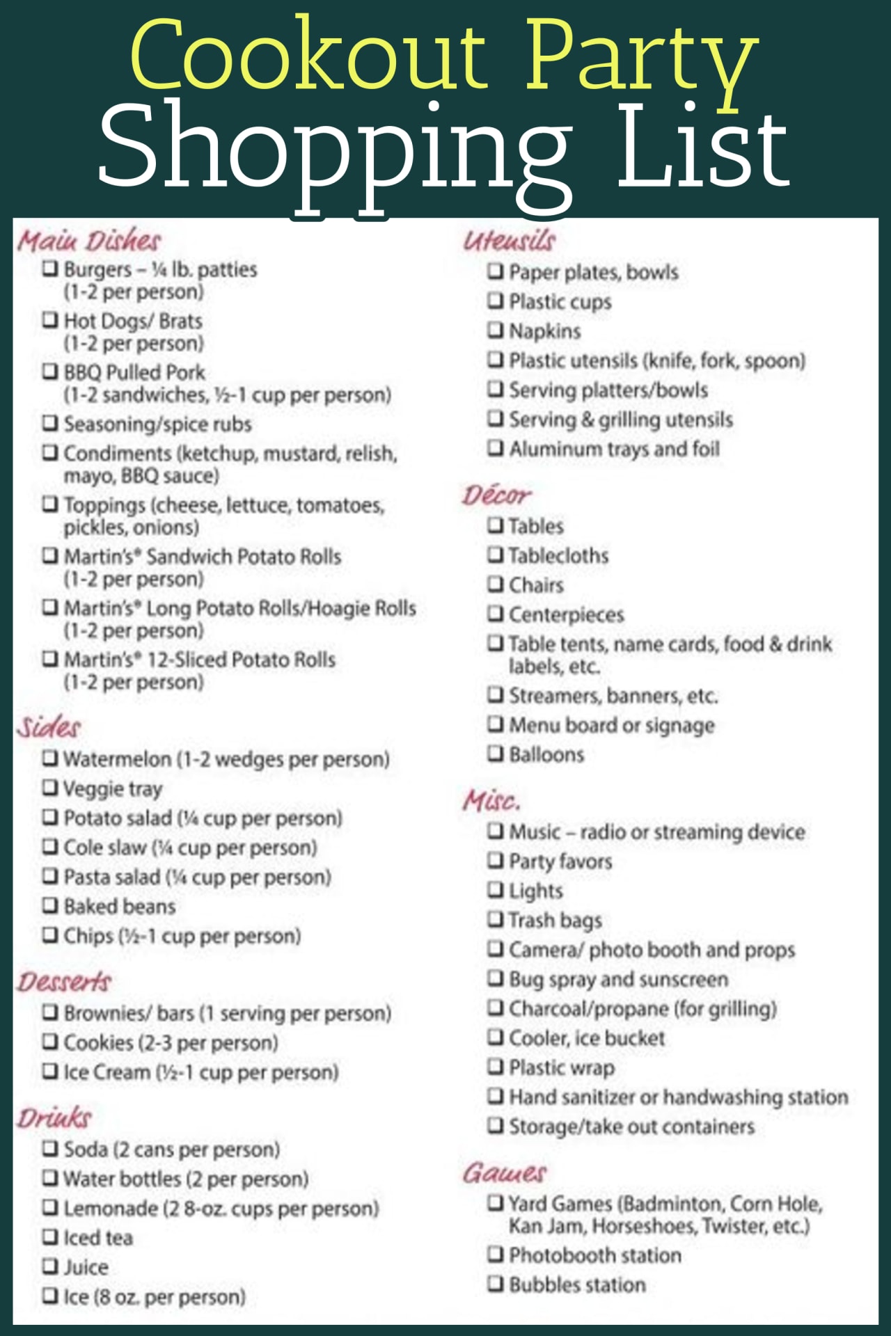 Cookout party food list - summer BBQ party or 4th of July party food shopping list
