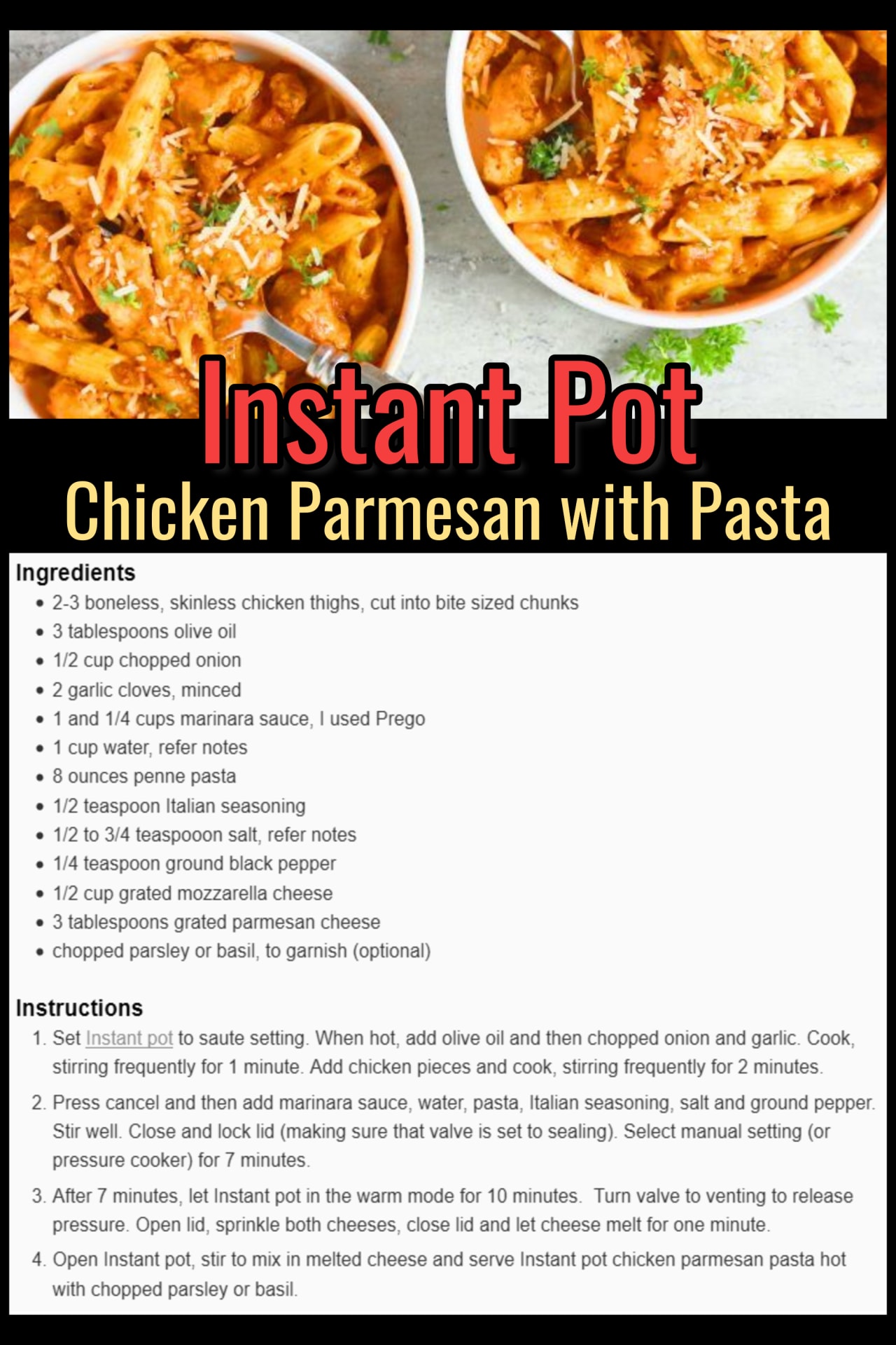 Instant Pot Chicken Recipes For Easy Weeknight Dinners - super simple one pot 30 minute easy meals when your need simply weeknight dinners ideas - Instant Pot pressure cooker chicken parmesan and pasta with noodles cooked in your Instant Pot too - great party food, potluck food ideas and family reunion dinner food too