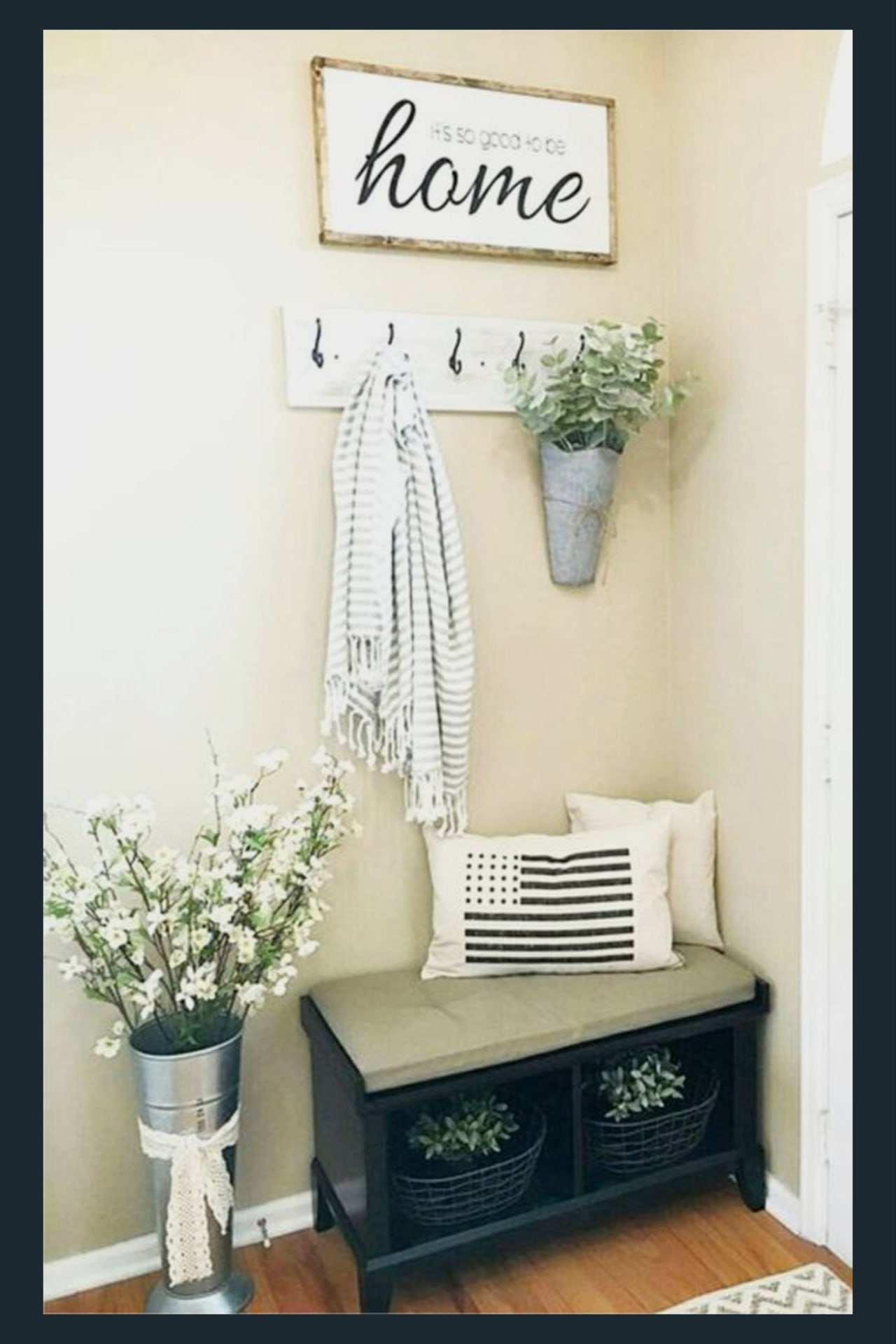 Foyer decorating ideas - Small cottage farmhouse foyer decorating ideas - love this small corner entryway decor - perfect for a small house or small apartment entry