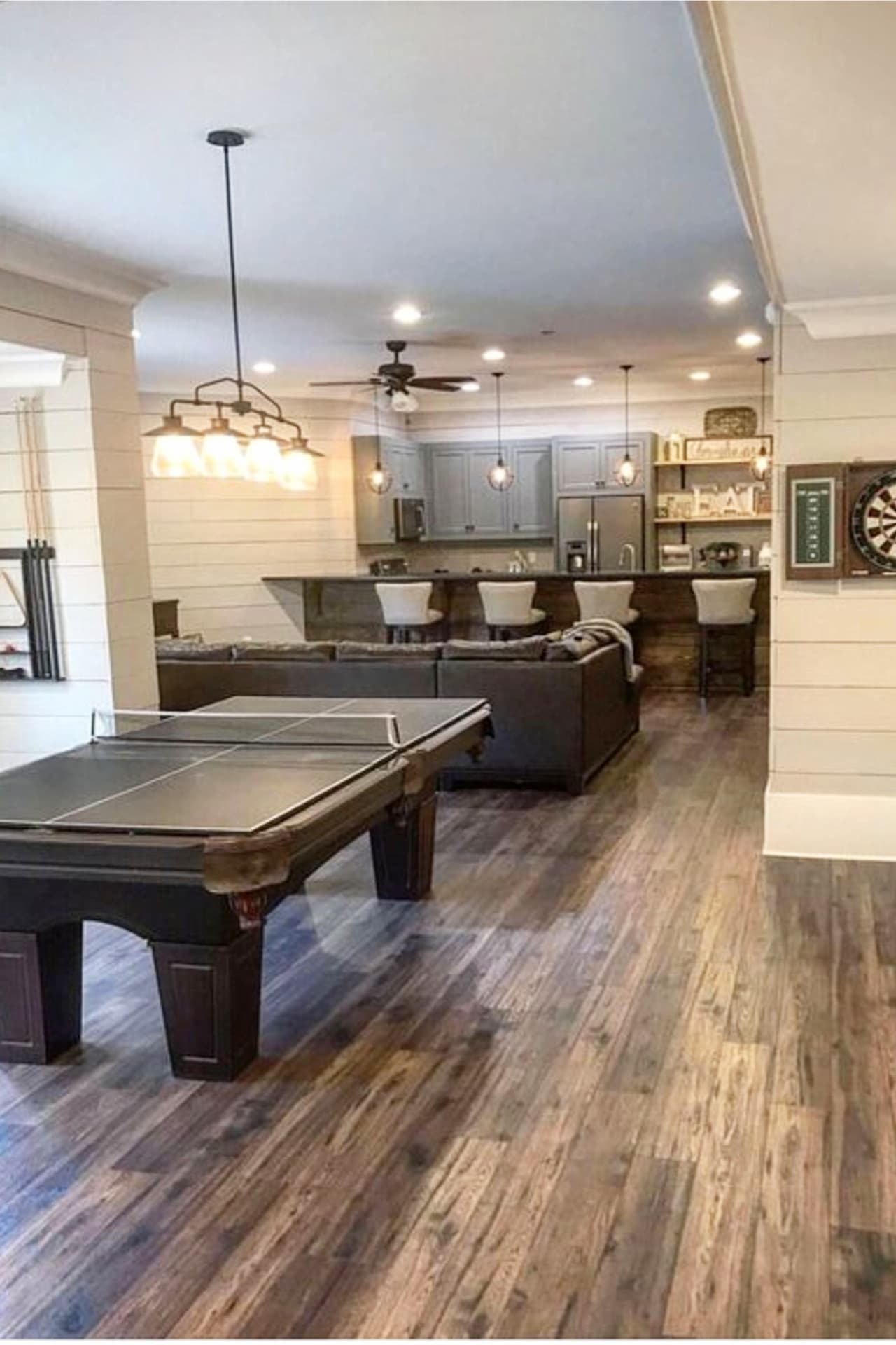 Finished farmhouse basement ideas - basement bar area, den area and game / rec room area.  Basement Ideas!  Gorgeous DIY finished basement ideas on a budget - partially finished basement ideas and small basement decor ideas for finishing and decorating a basement on a budget