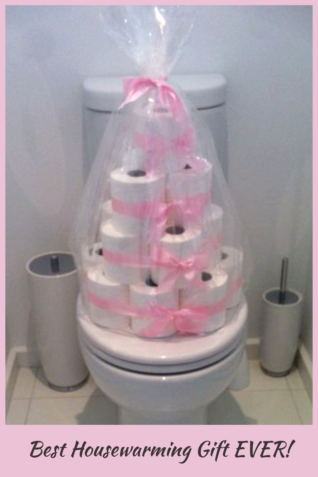 Best housewarming gift EVER!  Such practical and useful housewarming gift ideas for first time homeowners in their very first home - toilet paper tower welcome to your new home gift basket ideas