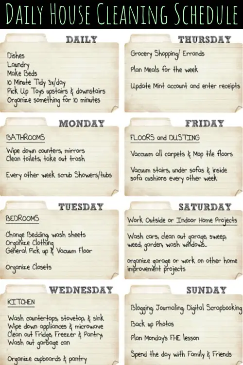 Daily house cleaning schedule printable and editable