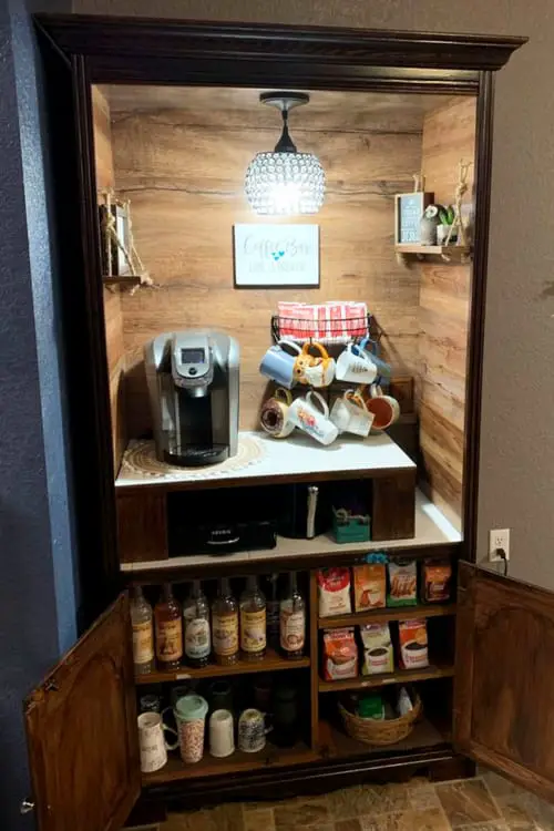 Hutch makeover before and after - these refurbished china cabinet ideas are just brilliant and clever one day DIY projects to try.  Old hutch redo turned into a rustic farmhouse coffee bar with pallet wood and lights