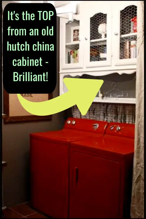Repurposed China Cabinet Ideas - wondering what to do with TOP half of hutch?  Take a look at this clever DIY storage cabinet idea for your laundry room - the shelves and cabinets are a simple hutch redo idea.  See OTHER uses for dining room hutch cabinets here...