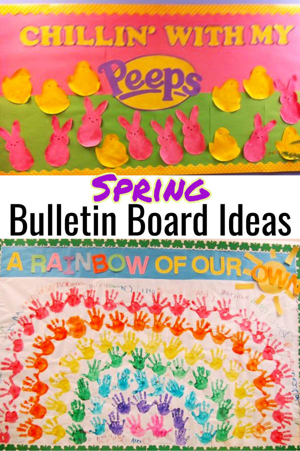 Spring bulletin boards ideas for Easter in daycare toddlers preschool classrooms with fingerpaint handprints making a rainbow with grass border and corners - Easter theme Chillin With My Peeps with cut out bunnies and chicks - pink and yellow color themes with green grass-colored bottom background