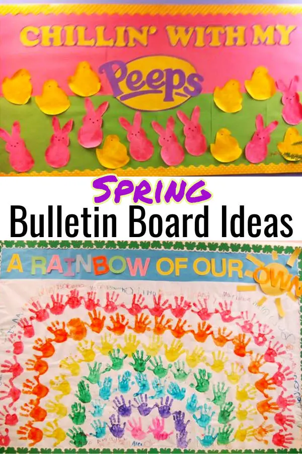 Spring bulletin boards ideas for Easter in daycare toddlers preschool classrooms with fingerpaint handprints making a rainbow with grass border and corners - Easter theme Chillin With My Peeps with cut out bunnies and chicks - pink and yellow color themes with green grass-colored bottom background