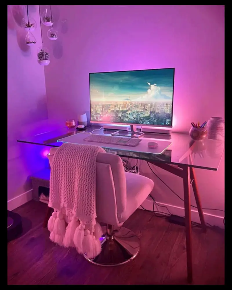 apartment aesthetic bedroom corner small home office setup - pink feminine LED back lighting, small desk, comfy office chair for her and more budget friendly small home office workspace ideas