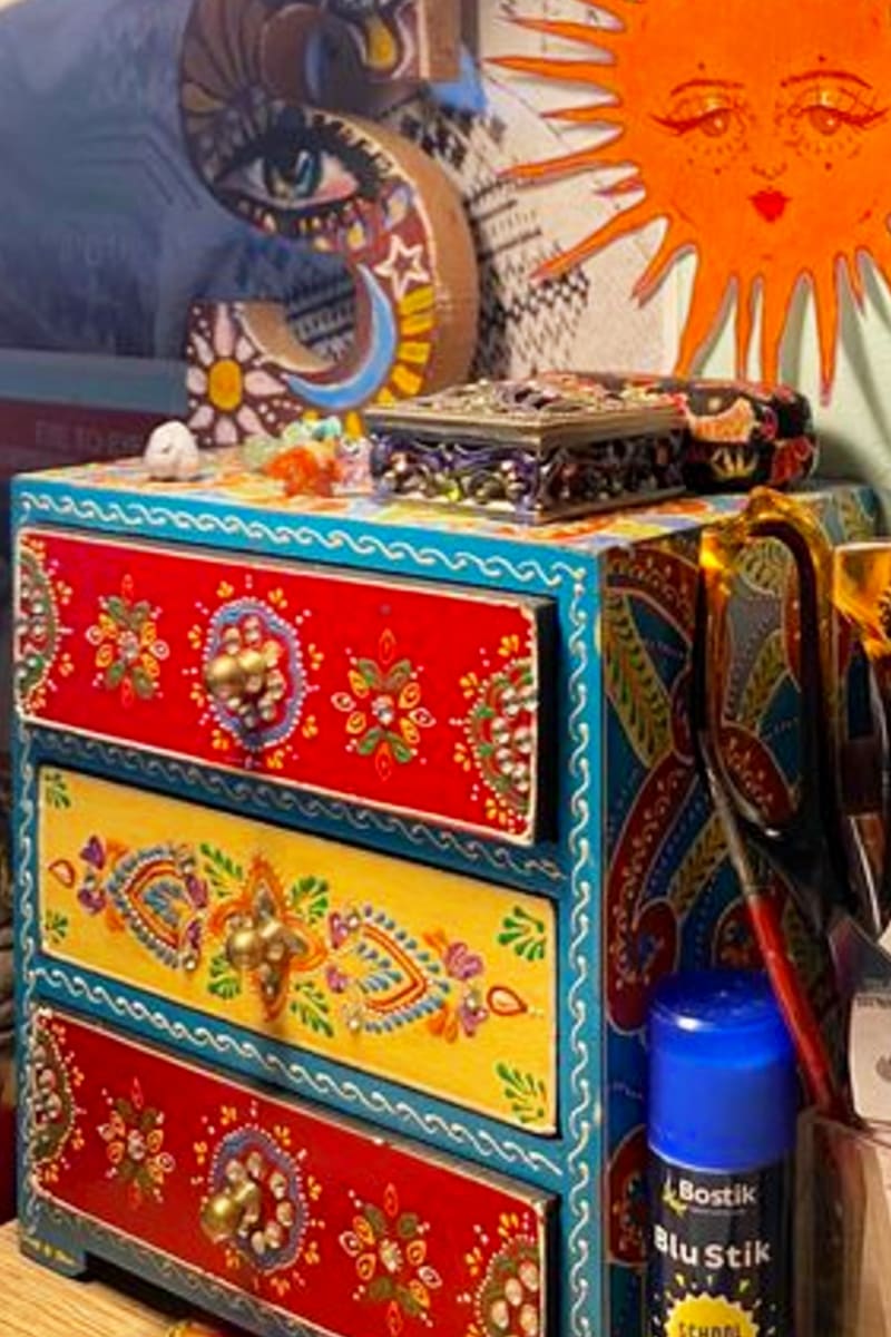 Want to make your room aesthetic? Paint an old cabinet or chest in BoHo colors for a beautiful Boho bedroom