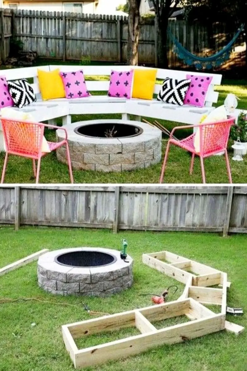 DIY curved fire pit bench seating painted white with bright colored accent pillows