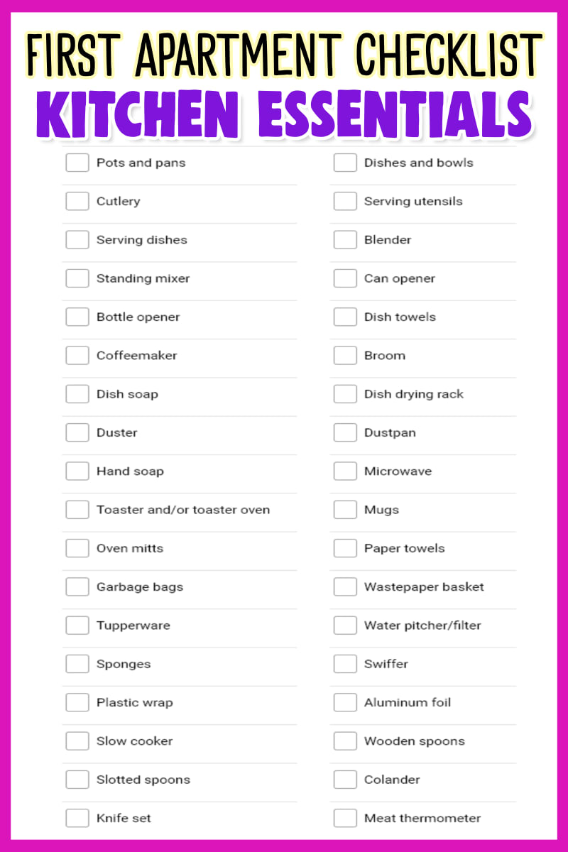 first apartment checklist-kitchen essentials - printable pdf college rental 1st apartment checklists and packing lists