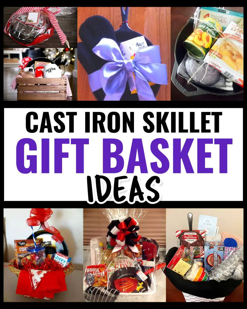 Gift Basket Ideas - Cast Iron Gift Baskets - Easy DIY handmade gifts for low budget holiday gifts for him or her - homemade wedding gift basket ideas, bridal shower gift basket ideas, housewarming basket ideas, cast iron gifts, jack and jill raffle basket ideas, tricky tray basket ideas and unique hostess gift ideas for someone who loves to bake in cast iron and make peach cobbler, fried southern food, corn bread, hash browns and more cooking gift basket ideas to make on a budget
