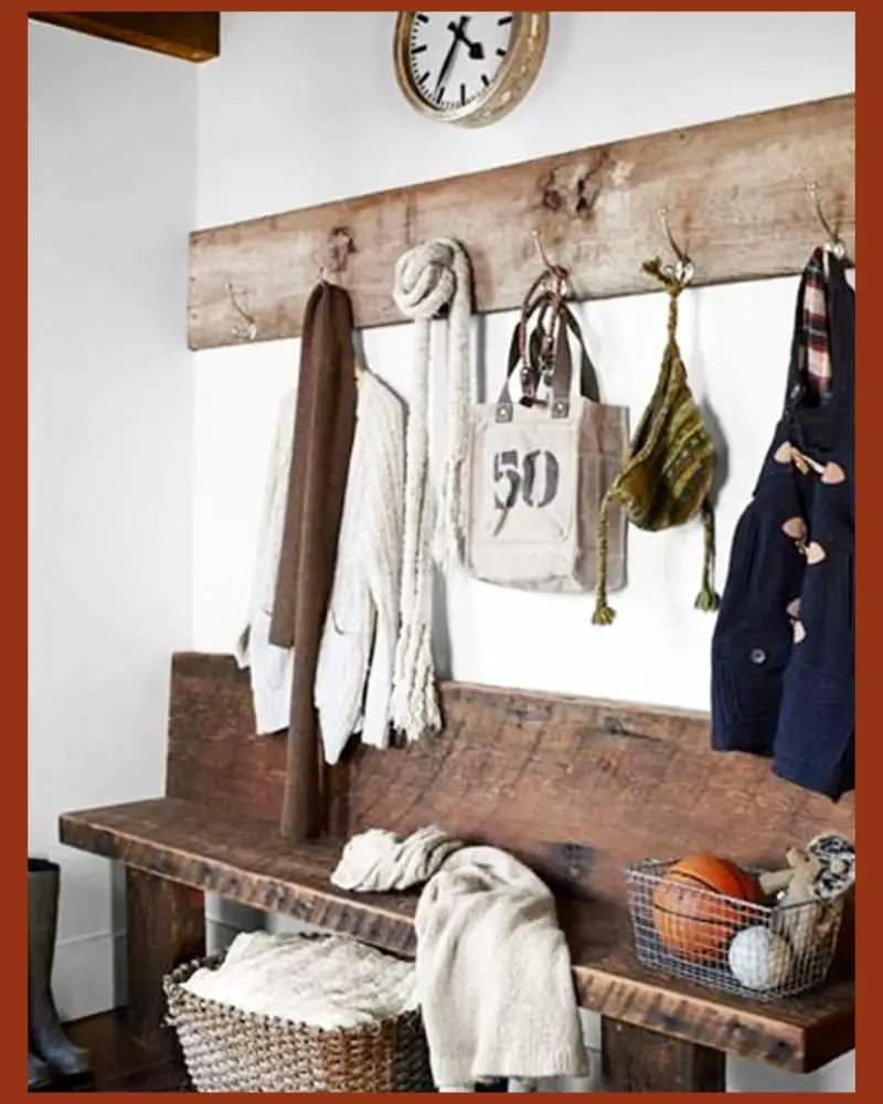foyer hall wall decor ideas- rustic farmhouse small foyer bench with mudroom style coat rack hooks