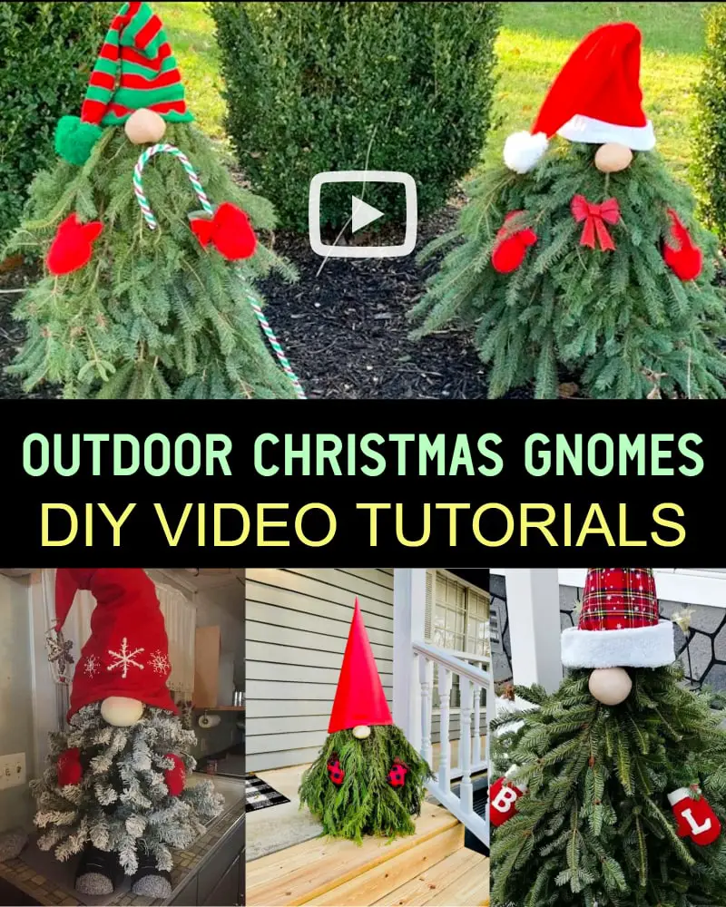 Outdoor Christmas Gnomes and Gnome Christmas Tree DIY Ideas and Video Tutorials showing how to make a gnome tree or yard bush with or without tomato cages and pine tree branchs or evergreen tree gnomes with garden stakes