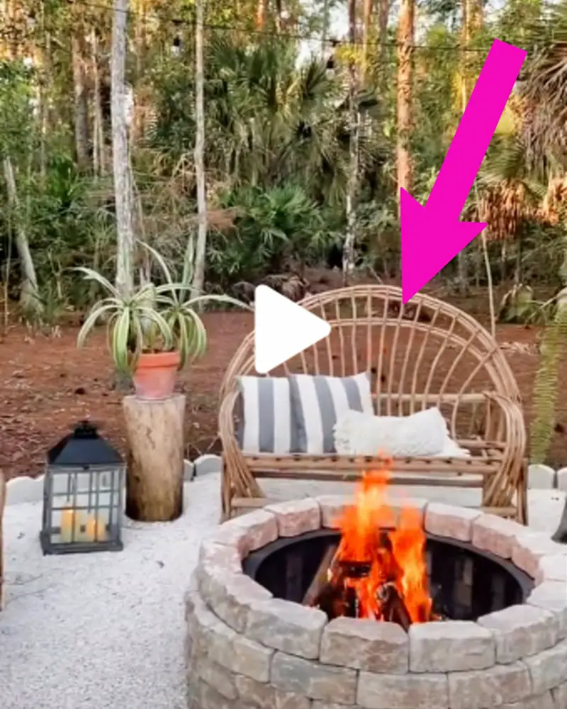 unique fire pit seating ideas - cheap wicker love seat bench with plants on stumps a decor lantern and bright white gravel on the ground - so aesthetic and an easy do it yourself project for your backyard