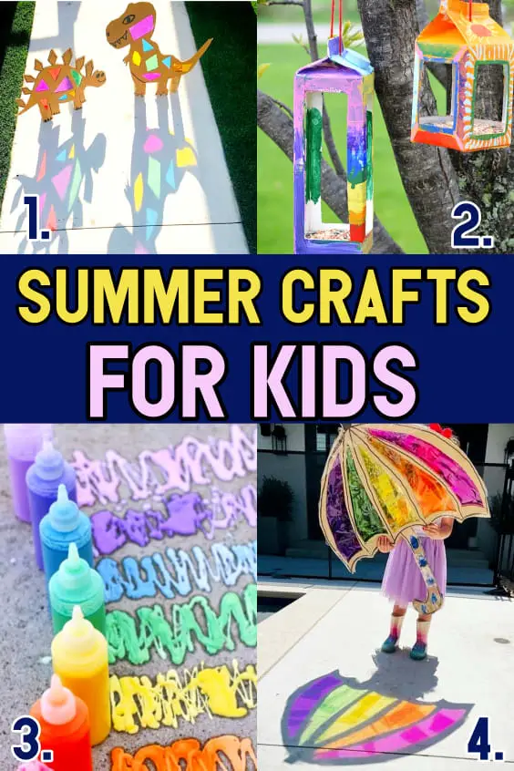 summer crafts for kids - easy summer arts crafts - these easy summer craft projects and activities are perfect for kids of all ages from school-age elementary to preschool, Pre-K, kindergarten and toddlers too. DIY suncatchers, birdhouses, sidewalk chalk, giant bubble mix, umbrella crafts, DIY lemonade stands, glow in the dark crafts and painting activities for outdoors - fun crafts for kids to do outside when bored over summer break.