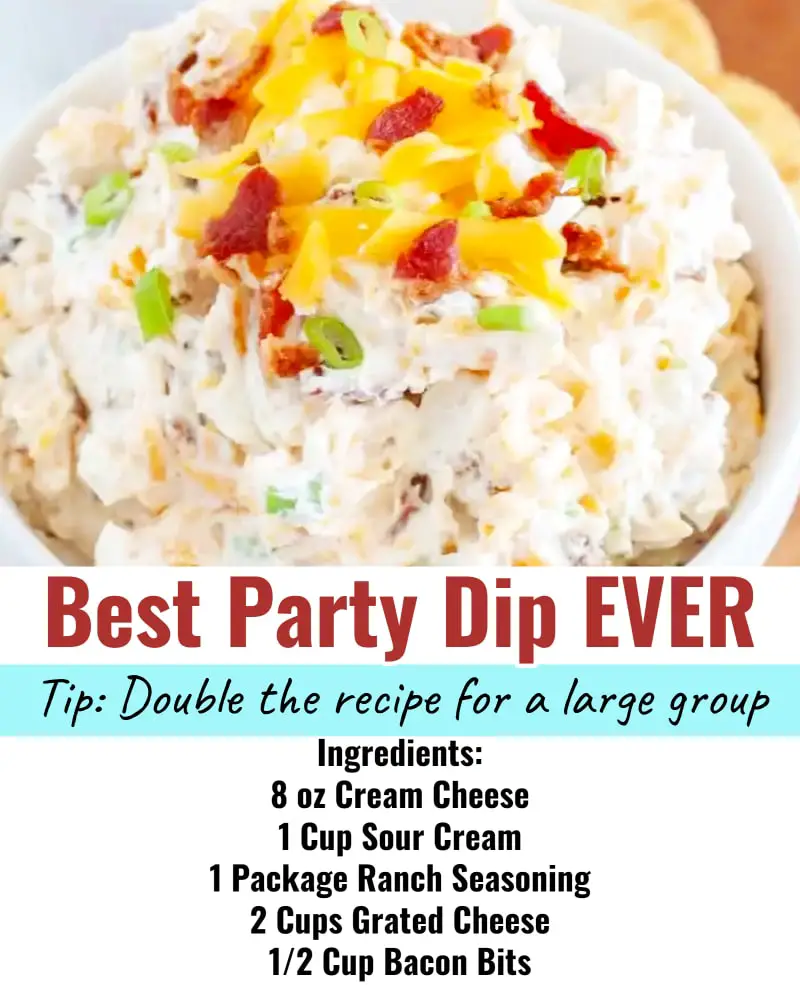 Cold party dips and inexpensive snacks for large groups - the easiest and BEST cold dip recipe ever for your potluck at work, church Superbowl football party or Holiday luncheon crowd - just 5 ingredients - cream cheese, sour cream, ranch seasoning, grated shredded cheddar cheese and bacon bits.  Super simple cheap party food that is a CROWD PLEASER.