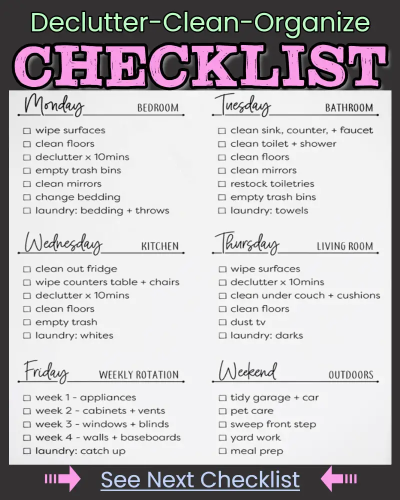 Daily Declutter CHecklist - declutter clean organize room by room with this daily decluttering and cleaning schedule task list