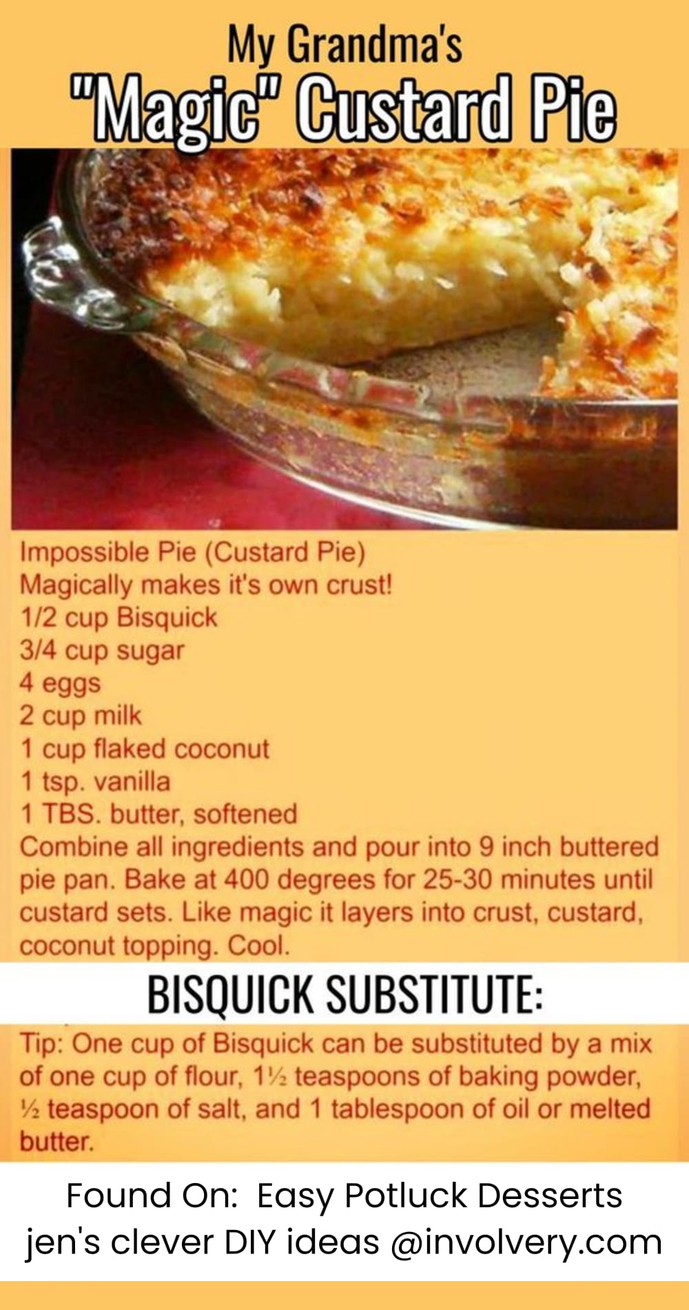magic custard pie recipe from Easy Potluck Desserts For a Crowd, Church or Family Reunion Group