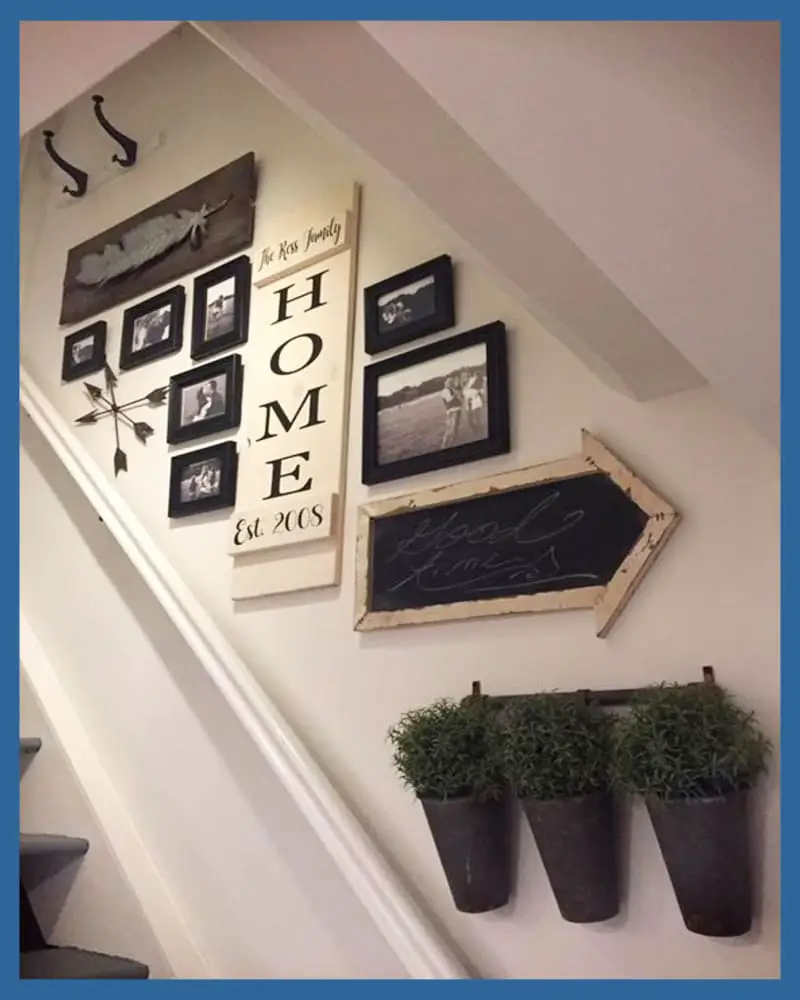 Gallery wall ideas - modern farmhouse family photo wall over stairs