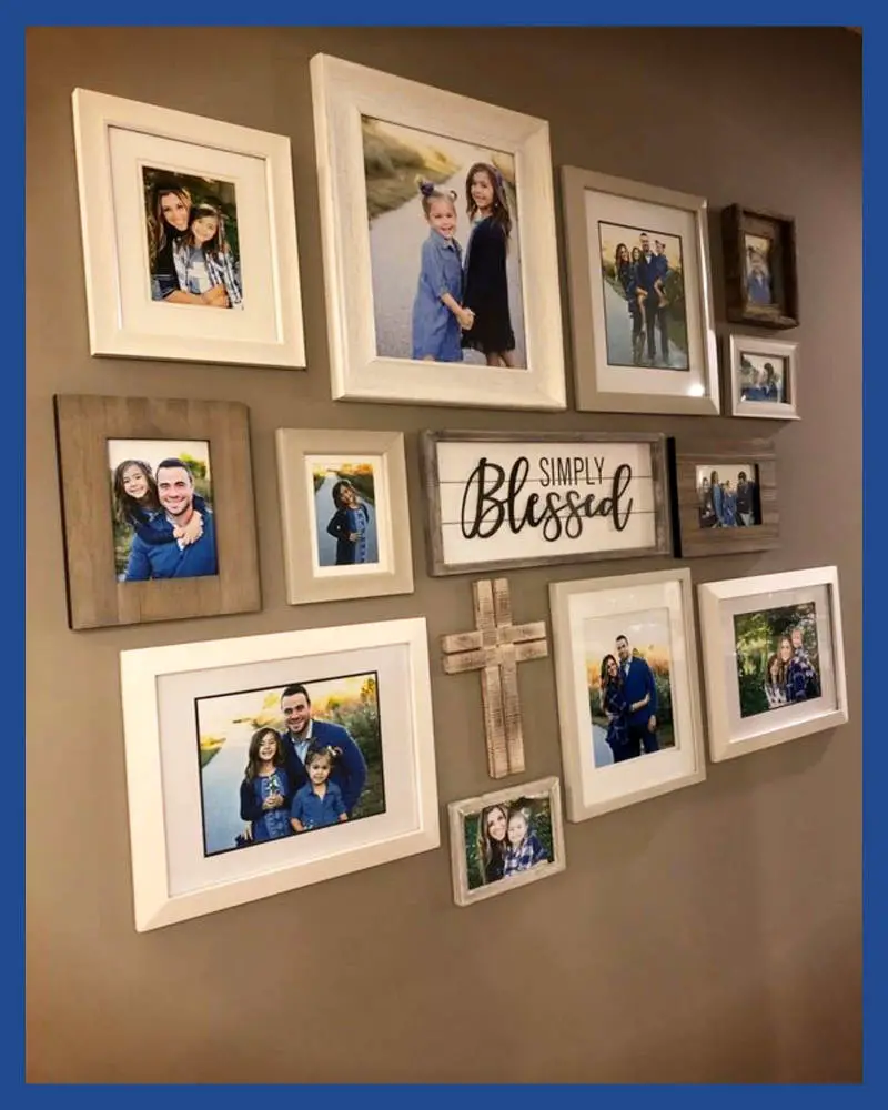 Photo wall ideas layouts for a family picture wall in living room over couch, hallway or top of stairs