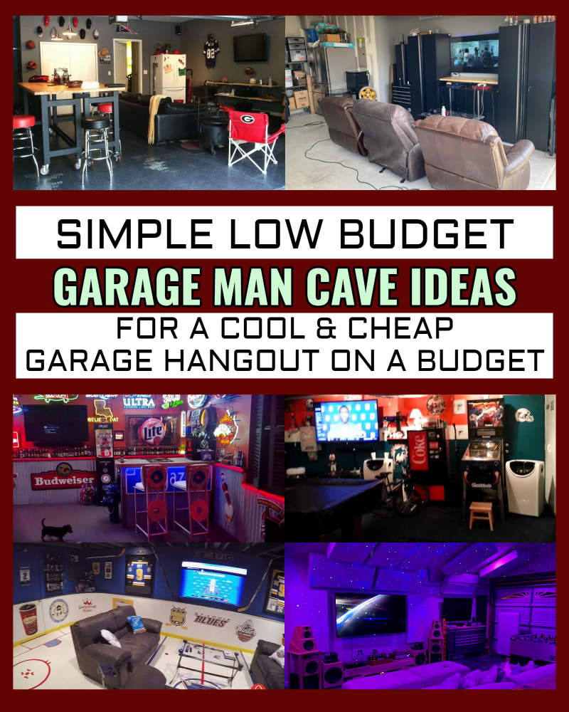 simple garage man cave ideas for a cheap garage hangout on a budget - low budget small man cave ideas - VERY cool garage ideas and ultimate garage man cave designs for a DIY converted garage or carport - unique sports themes, furniture, setups, decorating ideas, lighting, cabinets, coffee tables, ceilings, bars, flooring, signs and inexpensive small man's cave finished garage room ideas.