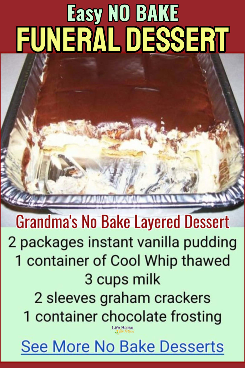 no bake large batch dessert for a funeral or potluck in 13x9 disposable baking pan with instant pudding, Cool Whip, graham crackers, milk and ready-made chocolate frosting