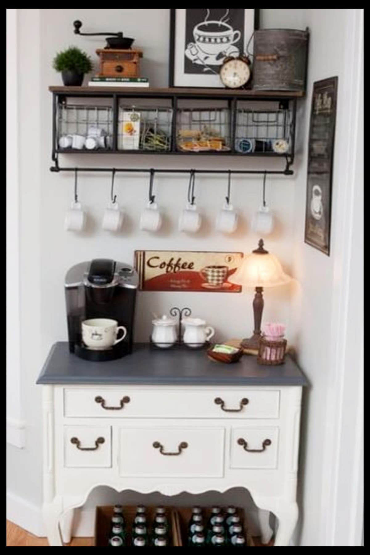 Grey and white kitchen coffee bar set up against the wall in a corner nook off the breakfast room